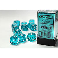 Translucent Teal/white 16mm d6 Dice Block (12 dice)